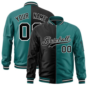 Custom Black Aqua Split Varsity Full-Zip Two Tone Letterman Bomber Jacket