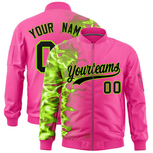 Custom Pink 3D Flame Varsity Full-Zip Letterman Bomber Jacket