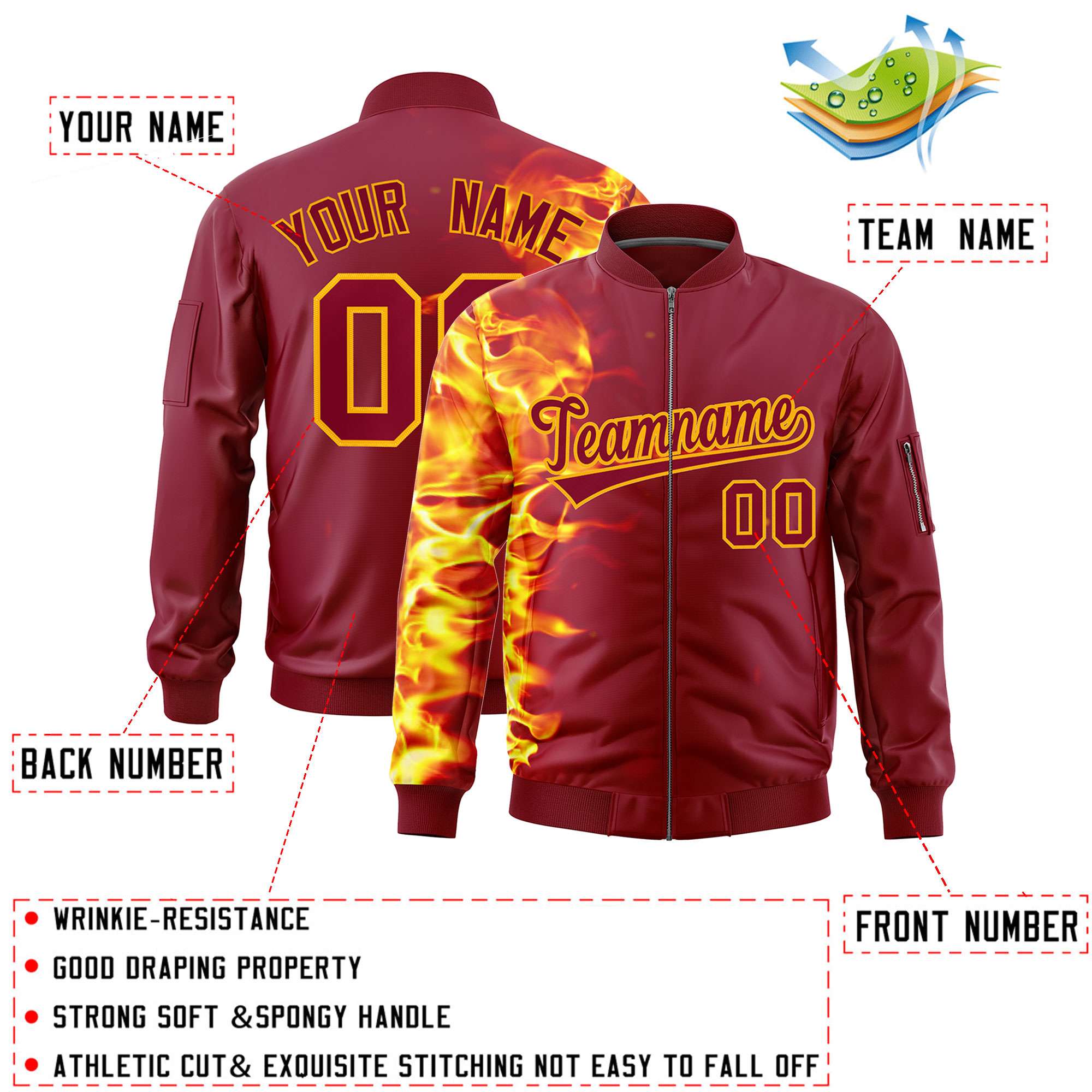 Custom Crimson 3D Flame Varsity Full-Zip Letterman Bomber Jacket