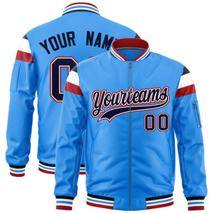 Custom Powder Blue Navy-White Varsity Full-Zip Shoulder Color Block Letterman Bomber Jacket