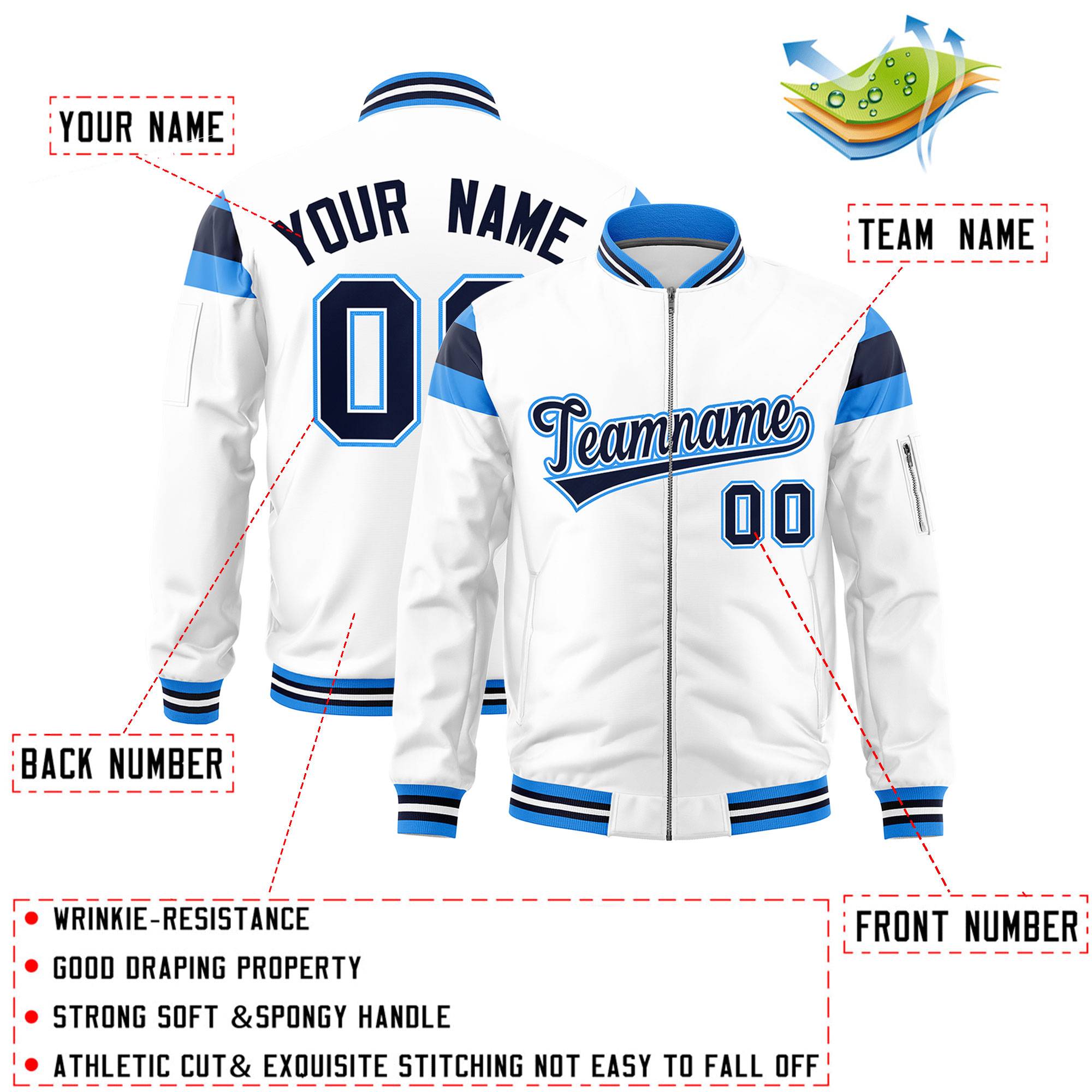 Custom White Powder Blue-Navy Varsity Full-Zip Shoulder Color Block Letterman Bomber Jacket