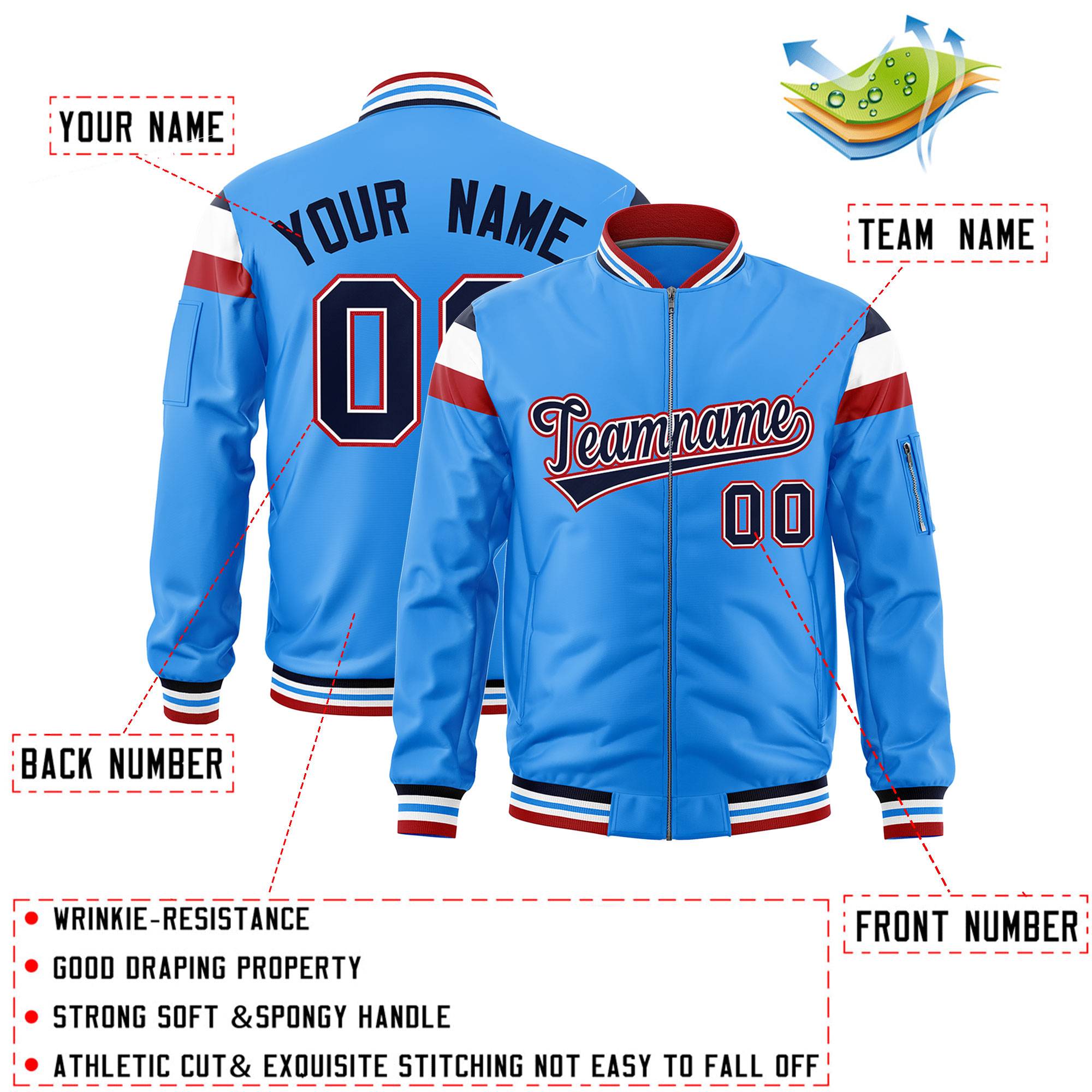 Custom Powder Blue Navy-White Varsity Full-Zip Shoulder Color Block Letterman Bomber Jacket