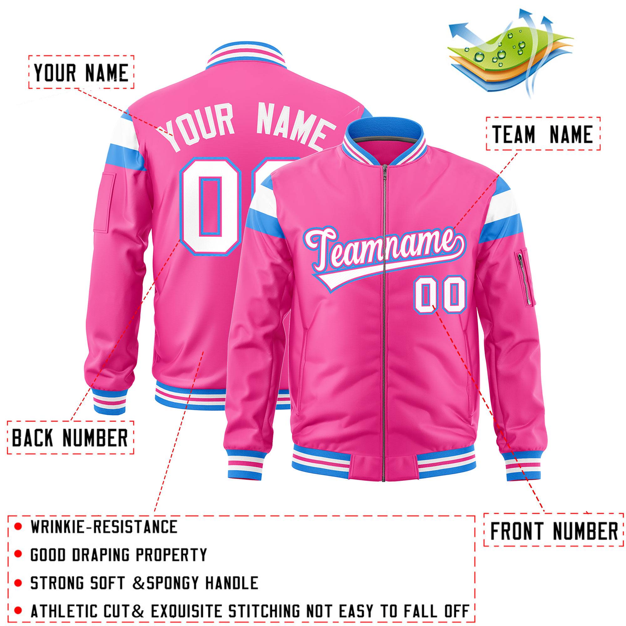 Custom Pink Powder Blue-White Varsity Full-Zip Shoulder Color Block Letterman Bomber Jacket