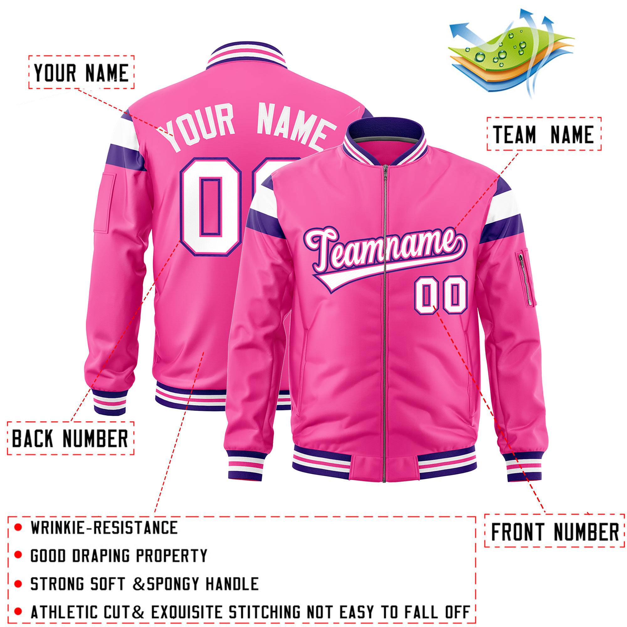 Custom Pink Purple-White Varsity Full-Zip Shoulder Color Block Letterman Bomber Jacket