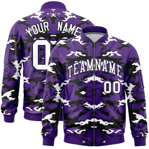 Custom Purple Black-White Varsity Full-Zip Camo Letterman Bomber Jacket