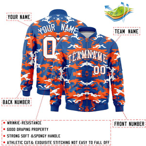 Custom Royal Orange-White Varsity Full-Zip Camo Letterman Bomber Jacket