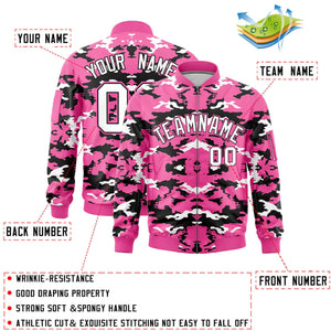 Custom Pink Black-White Varsity Full-Zip Camo Letterman Bomber Jacket