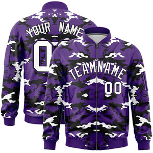 Custom Purple Black-White Varsity Full-Zip Camo Letterman Bomber Jacket