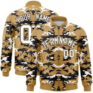 Custom Old Gold Black-White Varsity Full-Zip Camo Letterman Bomber Jacket