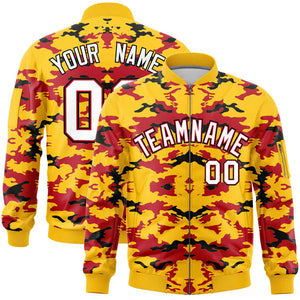 Custom Gold Red-Black Varsity Full-Zip Camo Letterman Bomber Jacket