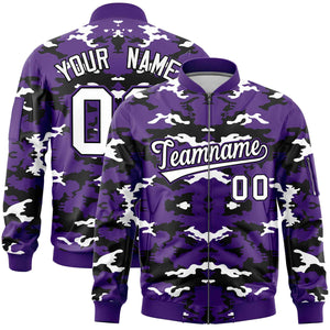 Custom Purple Black-White Varsity Full-Zip Camo Letterman Bomber Jacket