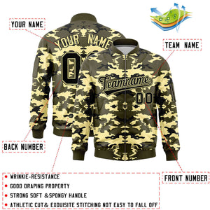 Custom Olive Black-Khaki Varsity Full-Zip Camo Letterman Bomber Jacket