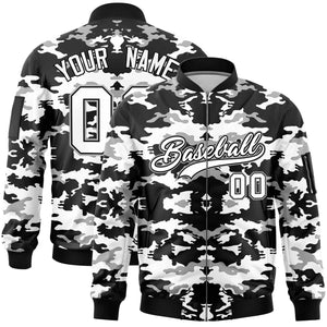 Custom Black Gray-White Varsity Full-Zip Camo Letterman Bomber Jacket