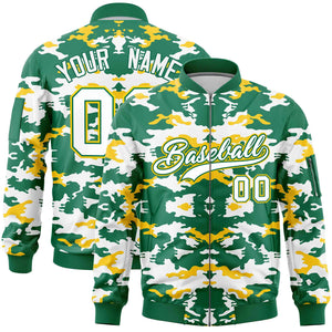 Custom Kelly Green Yellow-White Varsity Full-Zip Camo Letterman Bomber Jacket