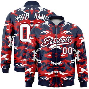 Custom Navy Red-White Varsity Full-Zip Camo Letterman Bomber Jacket