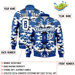 Custom Royal Black-White Varsity Full-Zip Camo Letterman Bomber Jacket