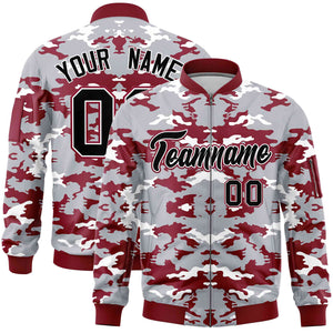 Custom Gray Crimson-White Varsity Full-Zip Camo Letterman Bomber Jacket