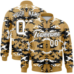 Custom Old Gold Black-White Varsity Full-Zip Camo Letterman Bomber Jacket