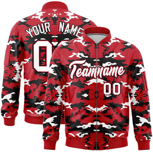 Custom Red Black-White Varsity Full-Zip Camo Letterman Bomber Jacket