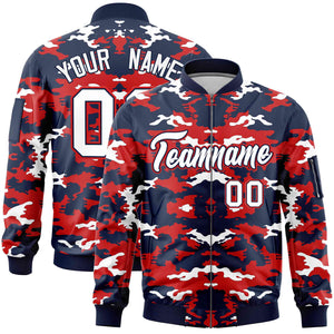 Custom Navy Red-White Varsity Full-Zip Camo Letterman Bomber Jacket