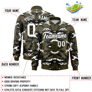 Custom Olive Black-White Varsity Full-Zip Camo Letterman Bomber Jacket