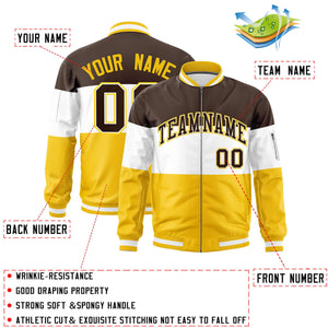 Custom Brown White-Gold Varsity Full-Zip Color Block Letterman Bomber Jacket