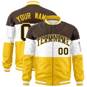 Custom Brown White-Gold Varsity Full-Zip Color Block Letterman Bomber Jacket