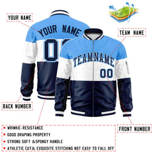 Custom Powder Blue White-Navy Varsity Full-Zip Color Block Letterman Bomber Jacket