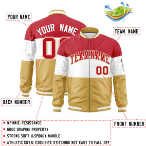 Custom Red White-Old Gold Varsity Full-Zip Color Block Letterman Bomber Jacket