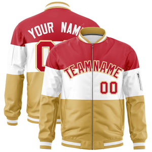 Custom Red White-Old Gold Varsity Full-Zip Color Block Letterman Bomber Jacket