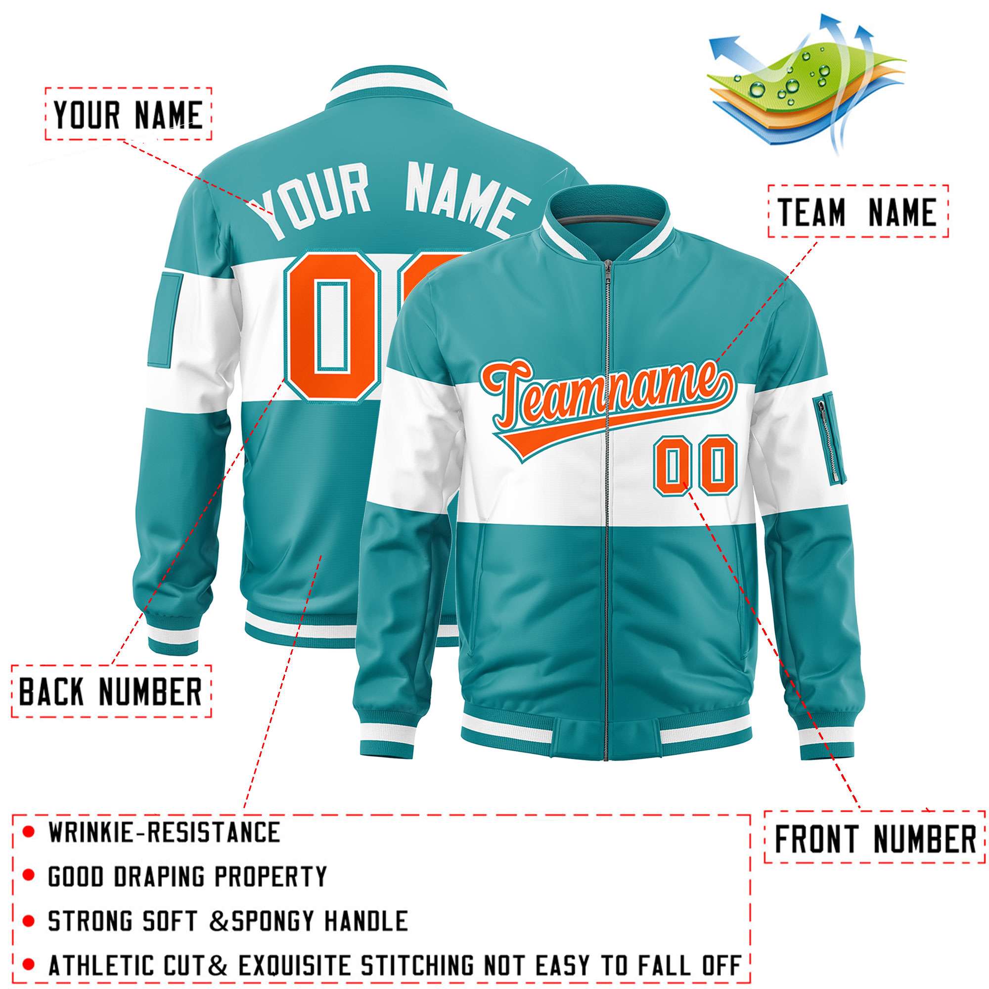 Custom Aqua White-Aqua Varsity Full-Zip Color Block Letterman Bomber Jacket