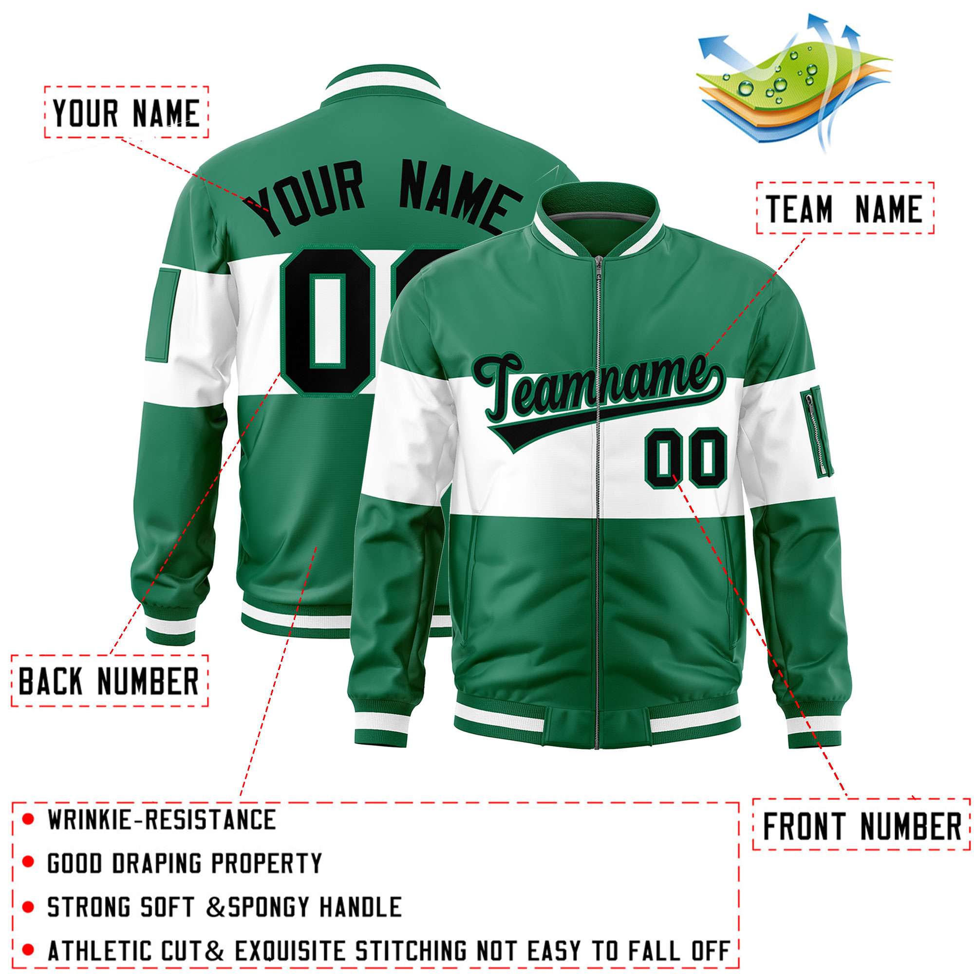 Custom Kelly Green White-Kelly Green Varsity Full-Zip Color Block Letterman Bomber Jacket