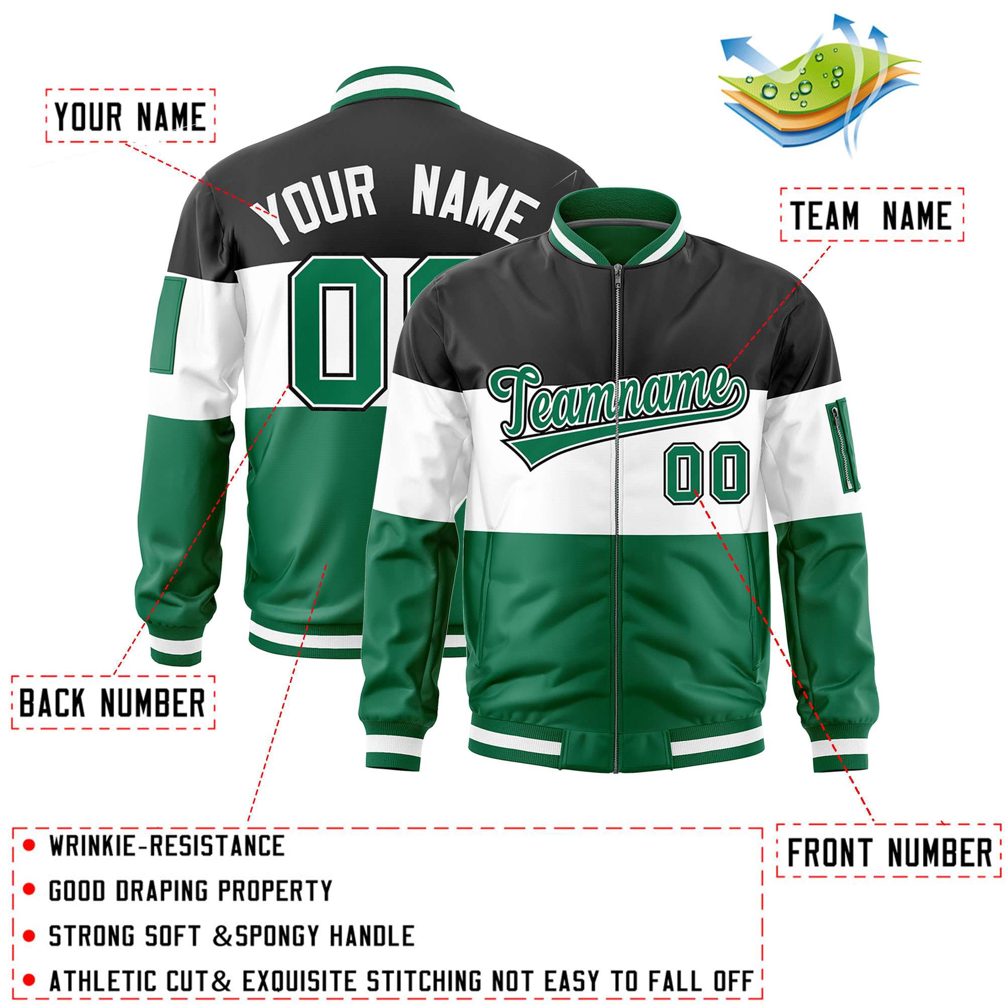 Custom Black White-Kelly Green Varsity Full-Zip Color Block Letterman Bomber Jacket