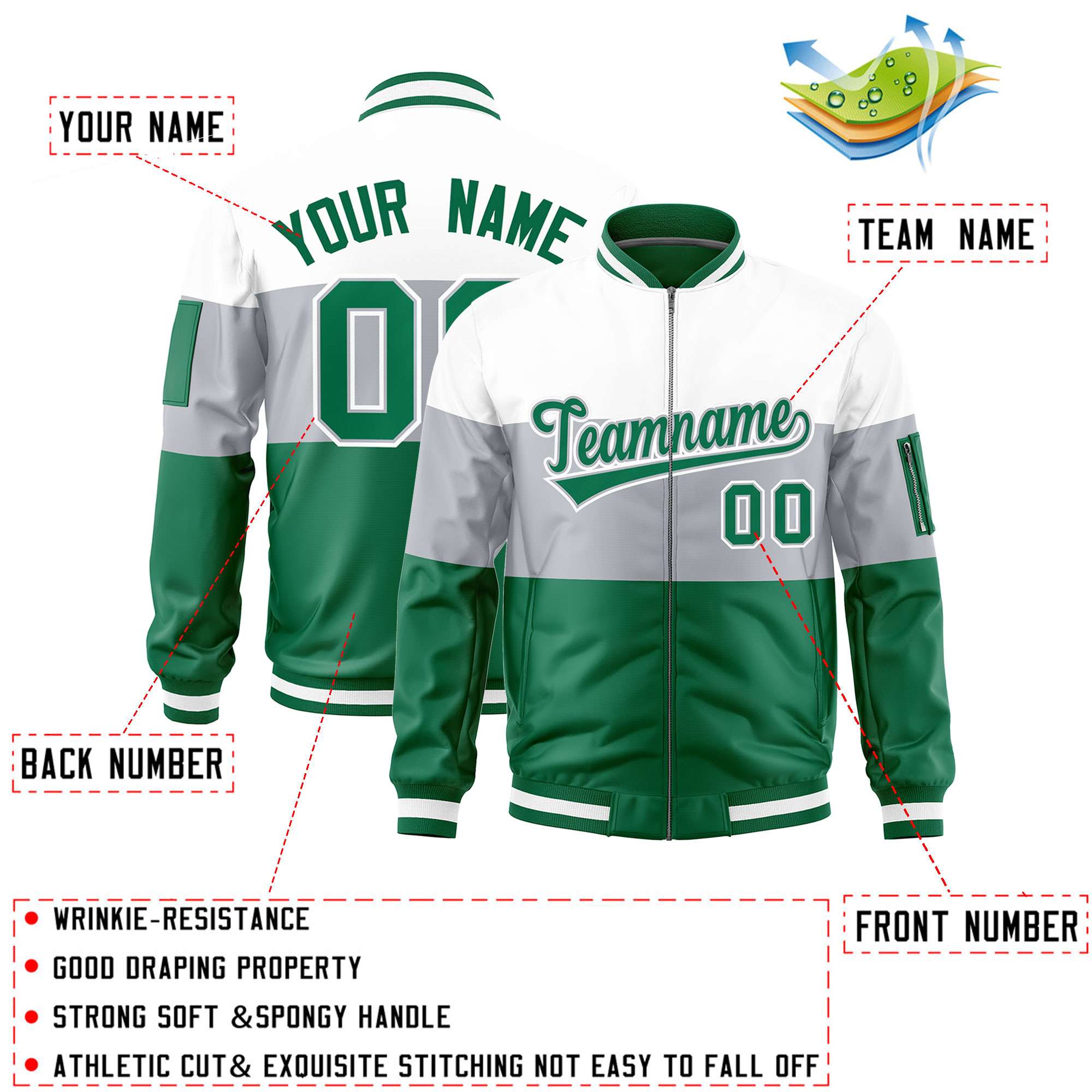 Custom White Silver-Kelly Green Varsity Full-Zip Color Block Letterman Bomber Jacket