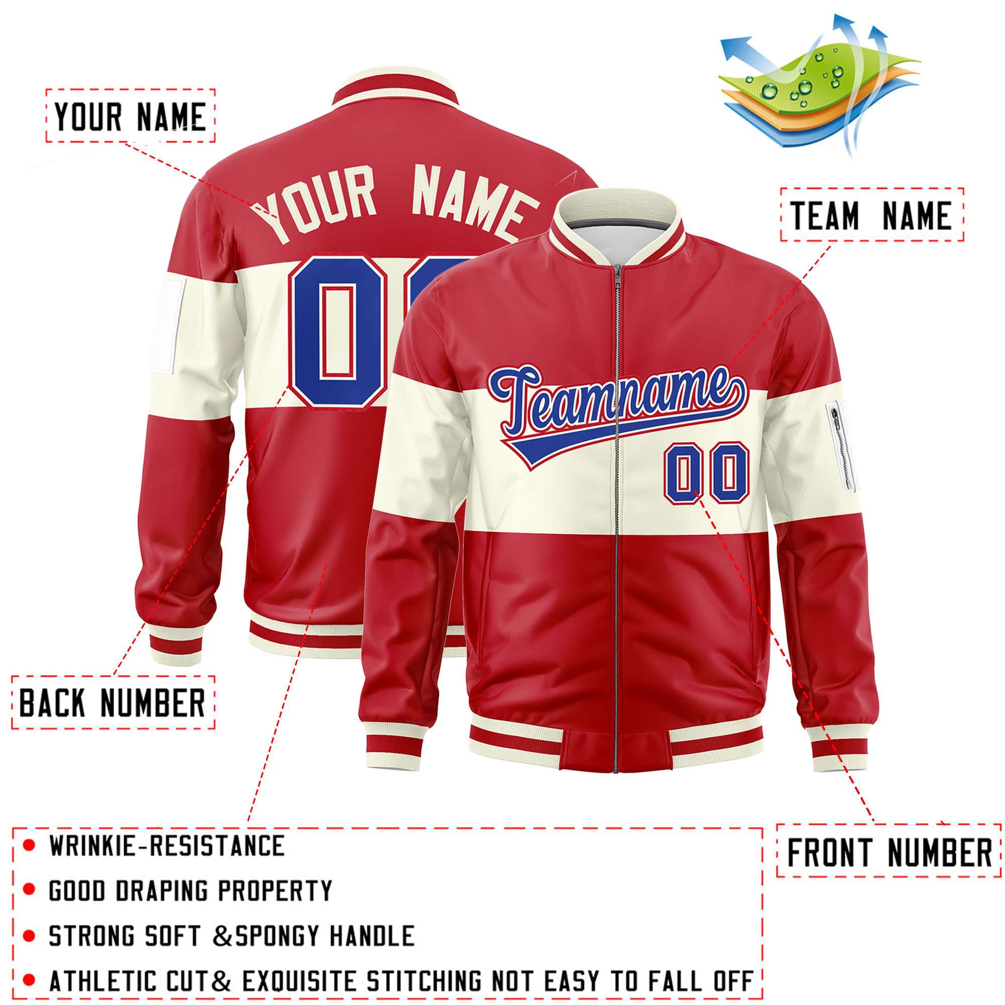 Custom Red Cream-Red Varsity Full-Zip Color Block Letterman Bomber Jacket