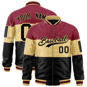 Custom Crimson Khaki-Black Varsity Full-Zip Color Block Letterman Bomber Jacket