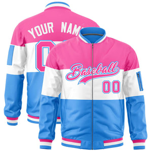 Custom Pink White-Powder Blue Varsity Full-Zip Color Block Letterman Bomber Jacket