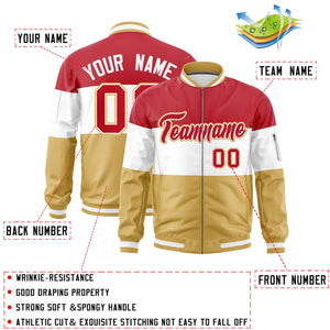 Custom Red White-Old Gold Varsity Full-Zip Color Block Letterman Bomber Jacket