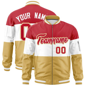 Custom Red White-Old Gold Varsity Full-Zip Color Block Letterman Bomber Jacket