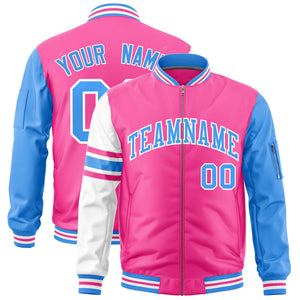 Custom Pink Powder Blue-White Varsity Full-Zip Raglan Sleeves Stripe Letterman Bomber Jacket