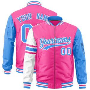 Custom Pink Powder Blue-White Varsity Full-Zip Raglan Sleeves Stripe Letterman Bomber Jacket