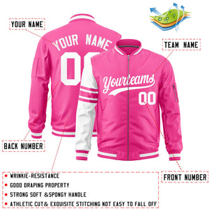 Custom Pink White Varsity Full-Zip Raglan Sleeves Stripe Letterman Bomber Jacket