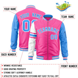 Custom Pink Powder Blue-White Varsity Full-Zip Raglan Sleeves Stripe Letterman Bomber Jacket