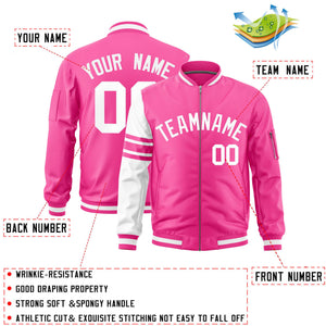 Custom Pink White Varsity Full-Zip Raglan Sleeves Stripe Letterman Bomber Jacket