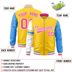 Custom Gold Powder Blue-White Varsity Full-Zip Raglan Sleeves Stripe Letterman Bomber Jacket