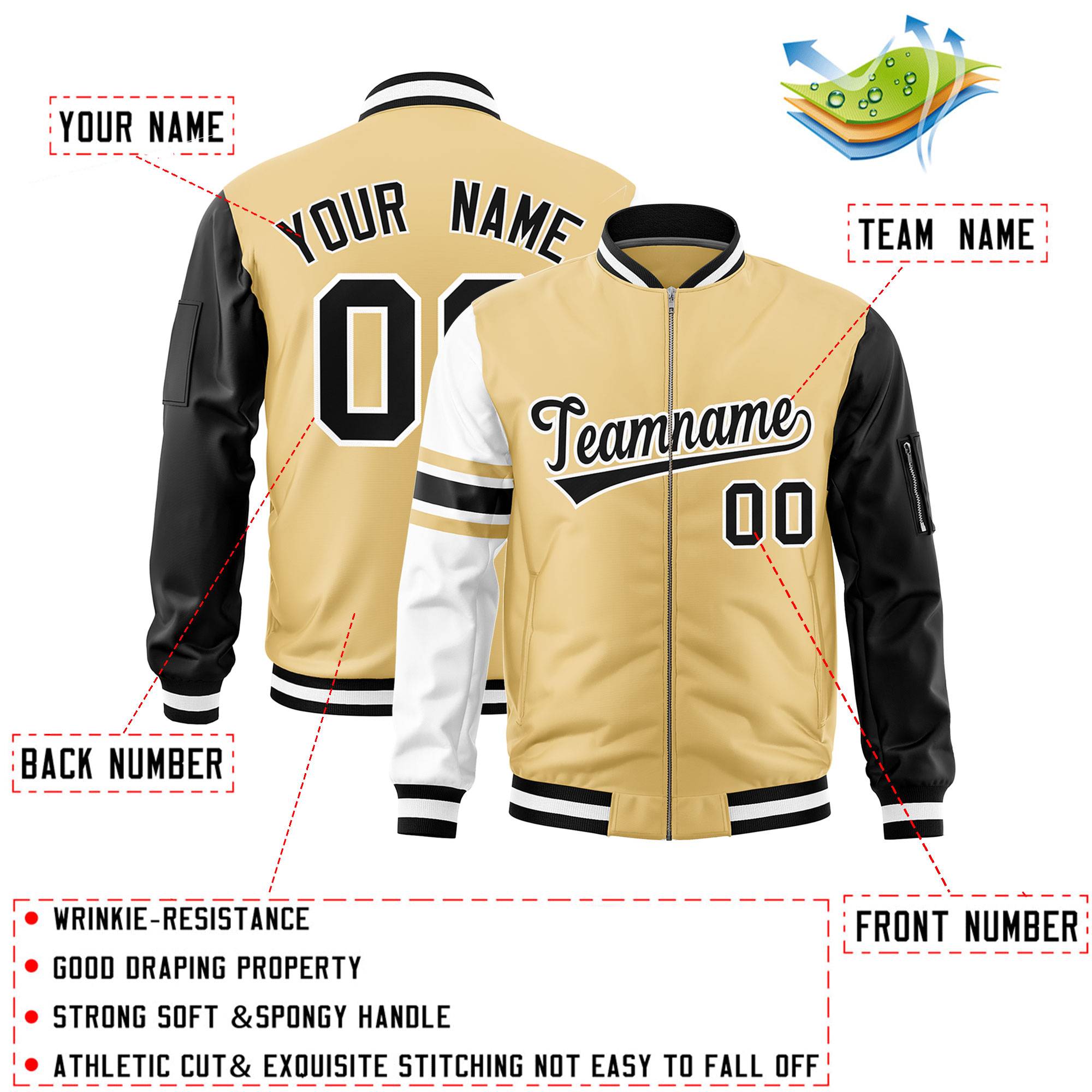 Custom Khaki Black-White Varsity Full-Zip Raglan Sleeves Stripe Letterman Bomber Jacket