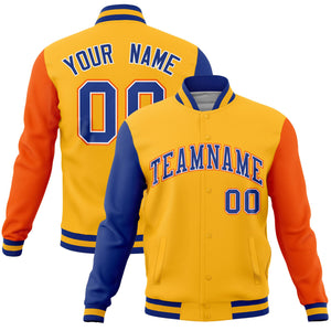 Custom Gold Orange-Royal Raglan Sleeves Varsity Full-Snap Letterman Jacket