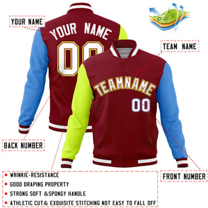 Custom Crimson Powder Blue-Neon Green Raglan Sleeves Varsity Full-Snap Letterman Jacket