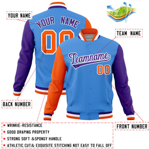 Custom Powder Blue Purple-Orange Raglan Sleeves Varsity Full-Snap Letterman Jacket