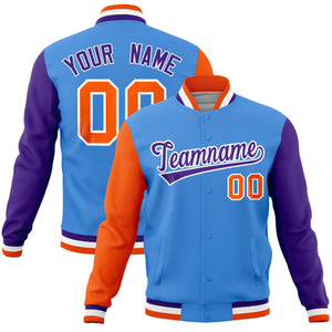 Custom Powder Blue Purple-Orange Raglan Sleeves Varsity Full-Snap Letterman Jacket